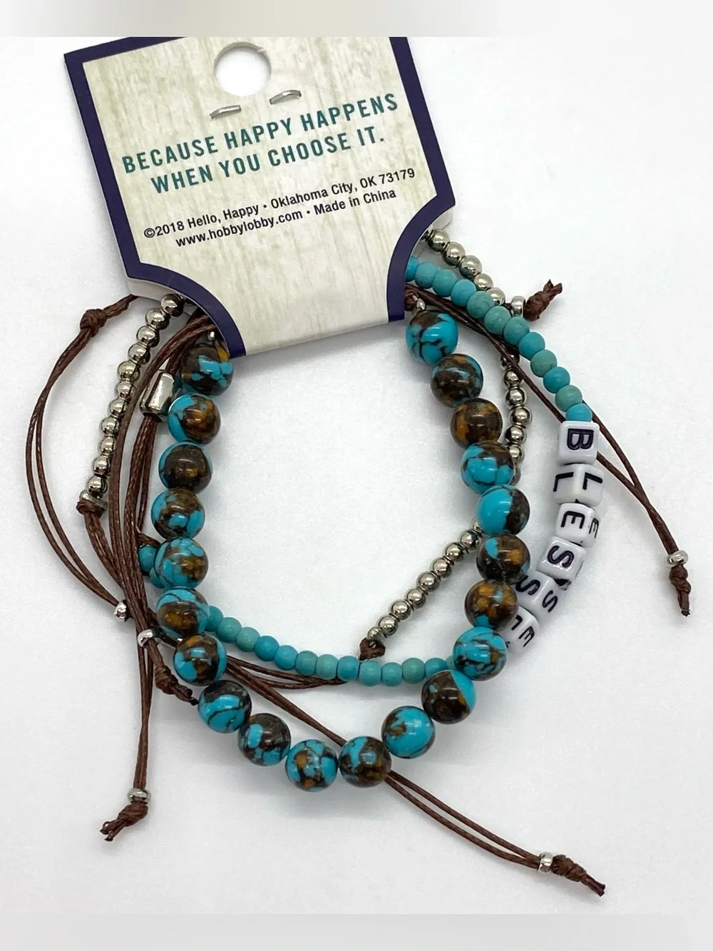 Hello Happy Turquoise Blue Brown Beaded Bracelet Boho Fall Festival Southwestern